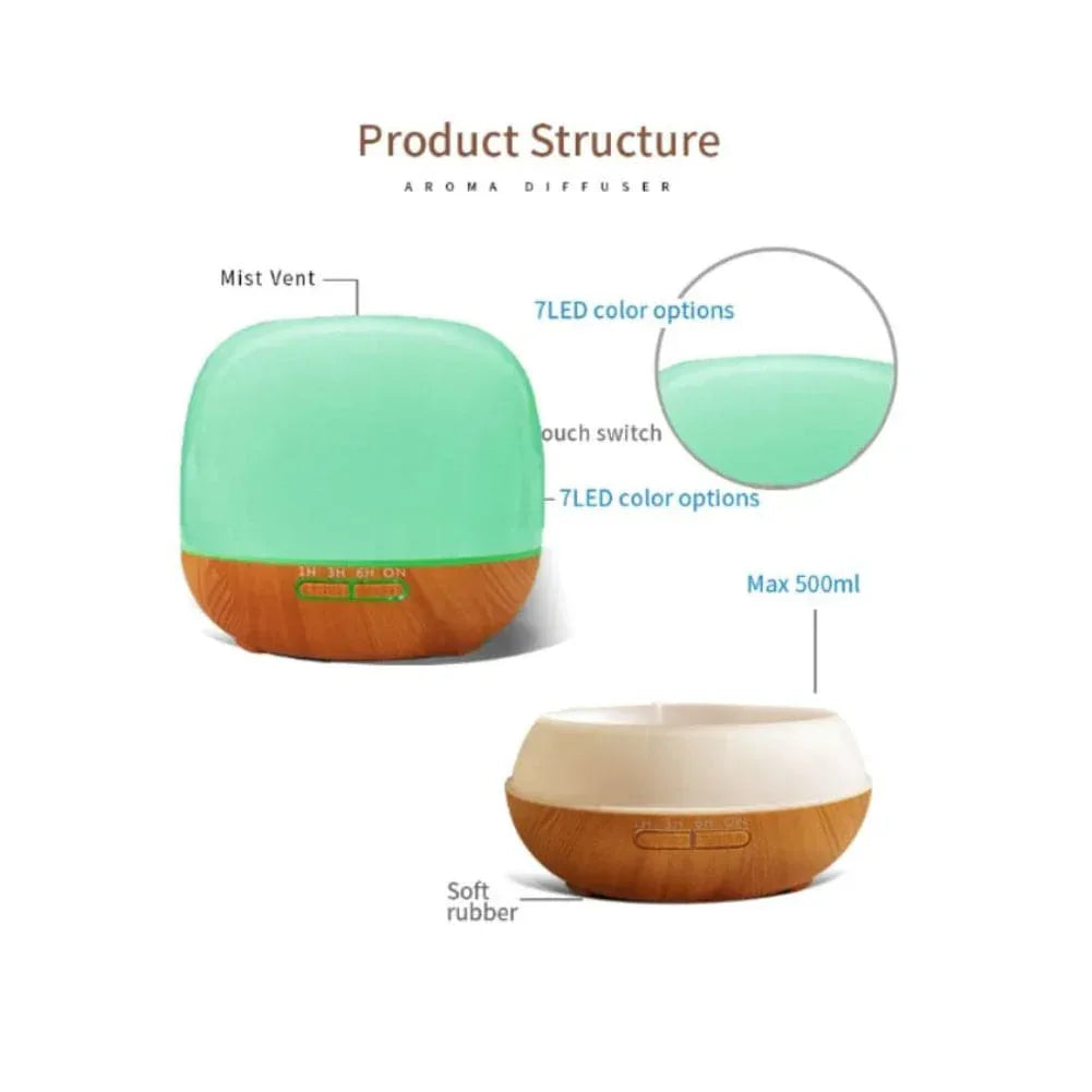 500Ml Aromatherapy Essential Oil Diffuser Humidifier With 4 Timer Settings, 7 Led Color Changing Lamps And Waterless Auto Shut-Off, Black - Fatio General Trading