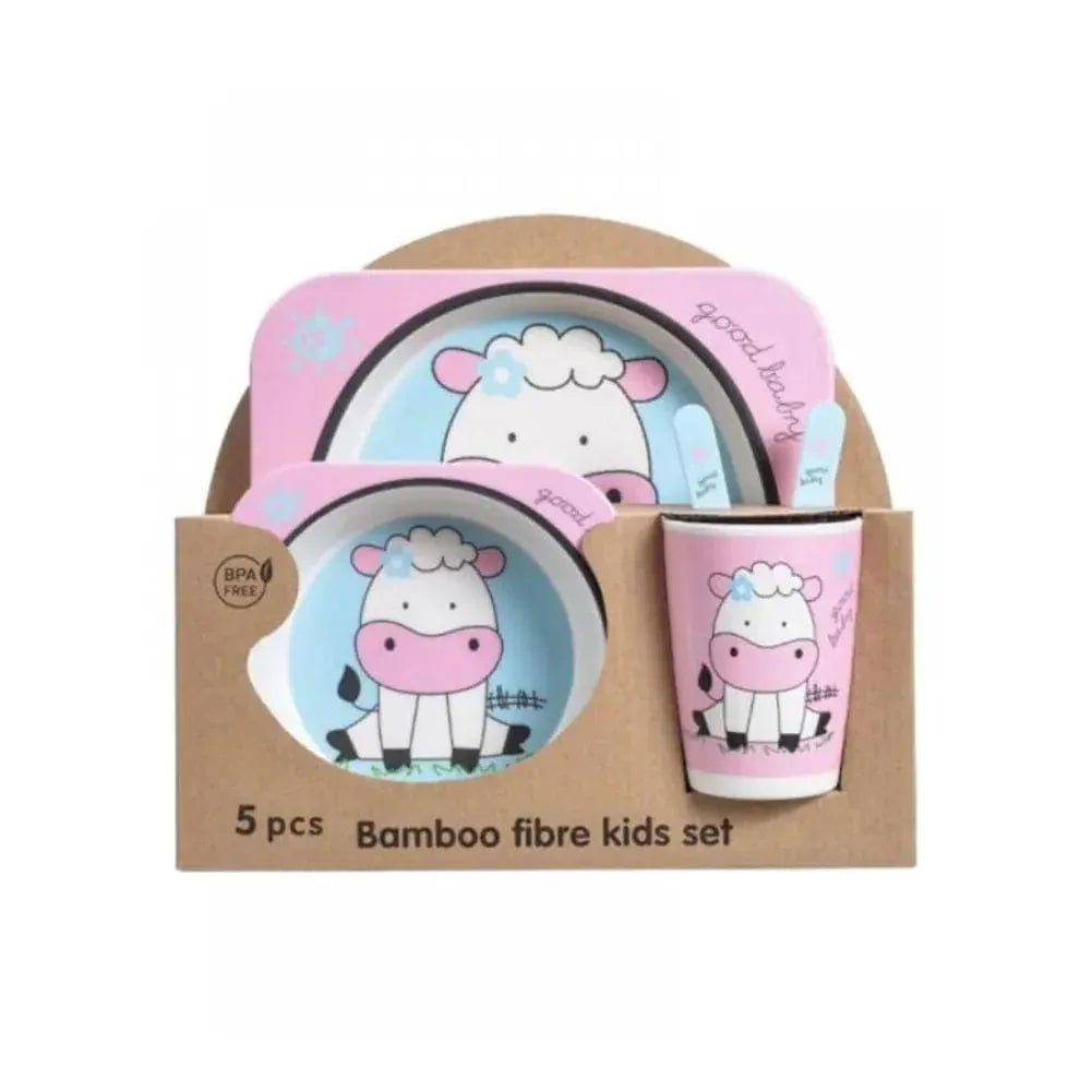 5PCS Unbreakable Kids Plates and Bowls Set for Healthy Mealtime, Bamboo Children Dinner Set with Plate, Bowl, Cup, Fork and Spoon, BPA Free Dishwasher Safe, Sheep - Fatio General Trading