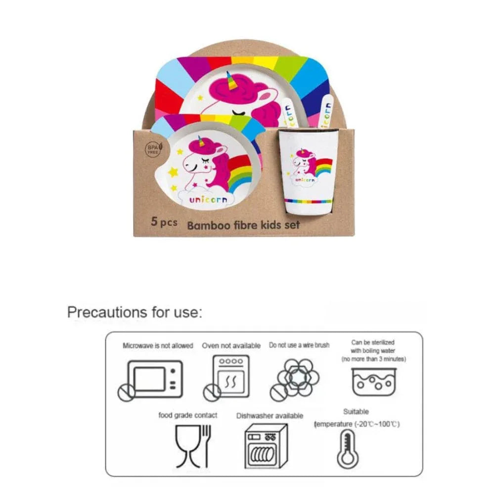 5PCS Unbreakable Kids Plates and Bowls Set for Healthy Mealtime, Bamboo Children Dinner Set with Plate, Bowl, Cup, Fork and Spoon, BPA Free Dishwasher Safe, Unicorn - Fatio General Trading