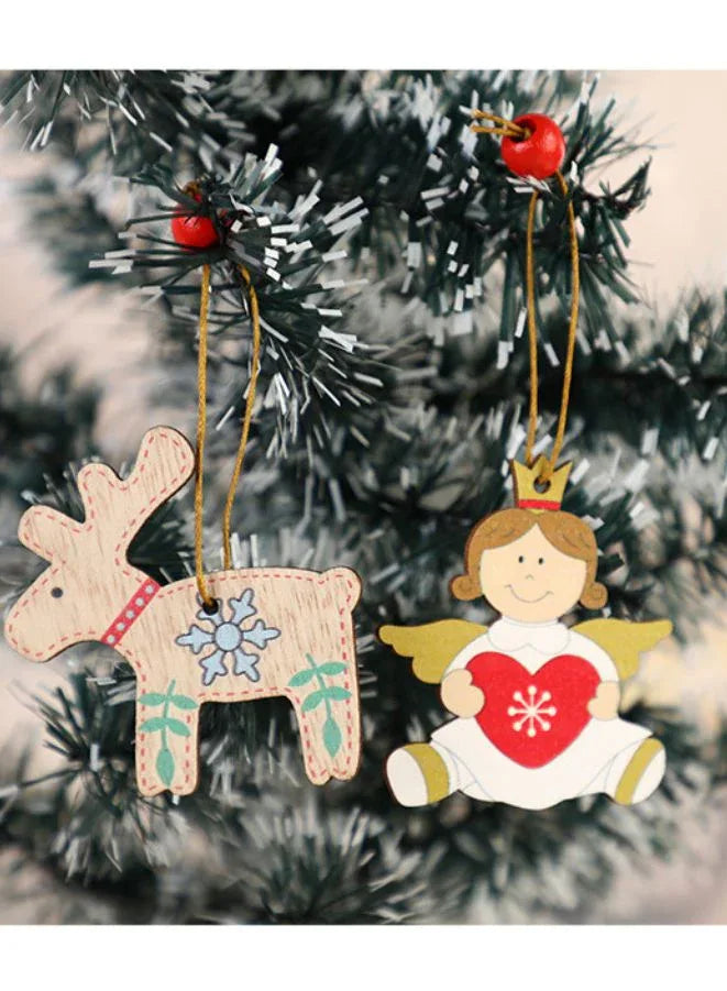 زينة عيد الميلاد الخشبية - شجرة عيد الميلاد المعلقة، ديكورات الحائط والنوافذ والأبواب 12 تعليقة (الأيائل والأطفال)