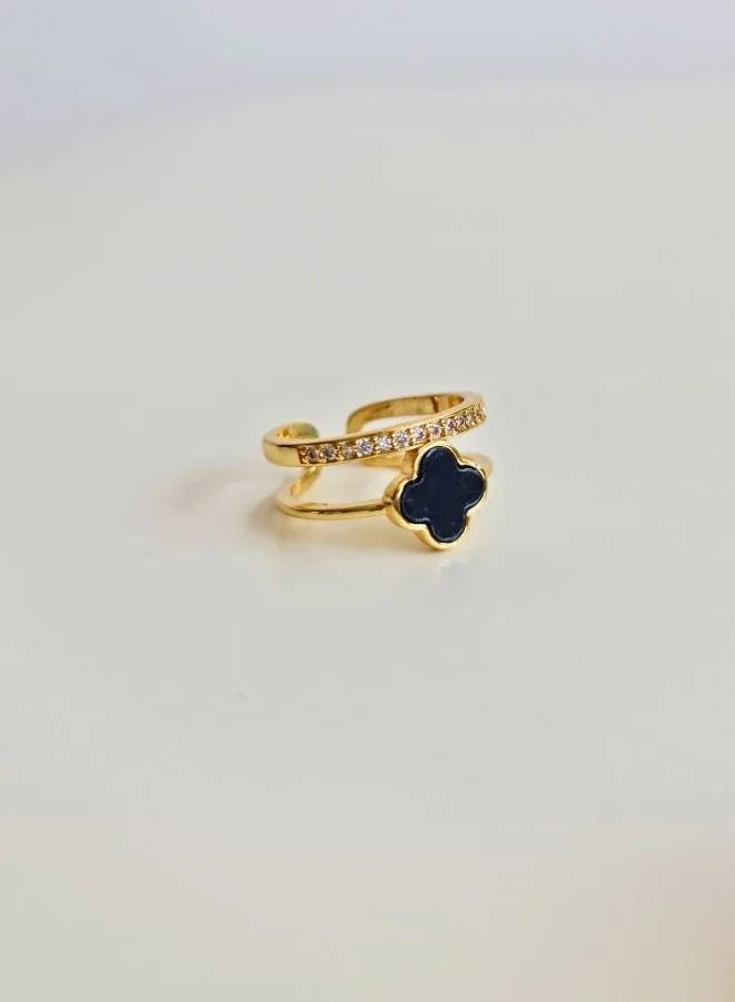 Stunning Women's Four Leaf Black Coloured Clover Set | Complete Jewelry Ensemble with Ring, Chain, and Bracelet (Double Side Pendants)