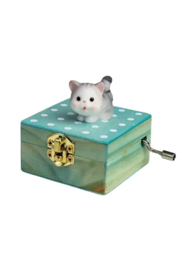 Cute animal hand crank music box wooden crafts ornaments music box, Mini Gift Wrapped Wooden Hand Crank Music Box with Lovely Pet, Grey Cat Fatio General Trading