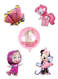A set of vibrant pink balloons featuring characters such as Minnie Mouse, Masha, and a unicorn, along with a balloon with a pink base that reads 'Time to be a Unicorn'
