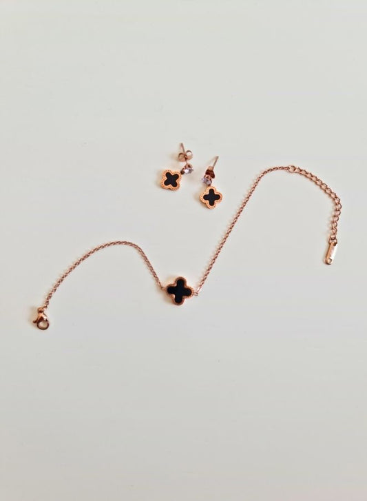 Exquisite black four leaf clover rose gold plated women's Jewelry set ( bracelet, earrings)