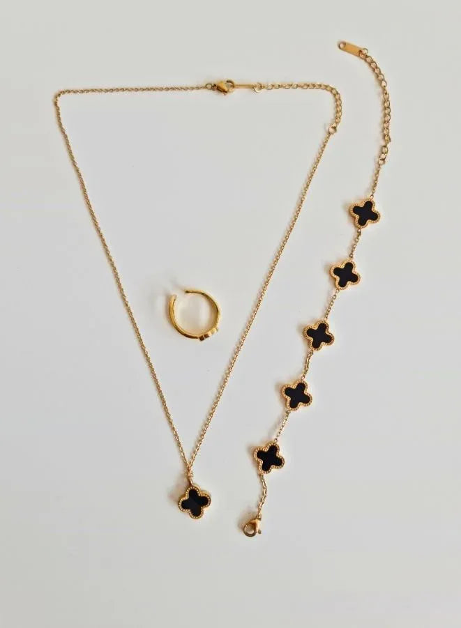 Stunning Women's Four Leaf Black Coloured Clover Set | Complete Jewelry Ensemble with Ring, Chain, and Bracelet (Double Side Pendants)