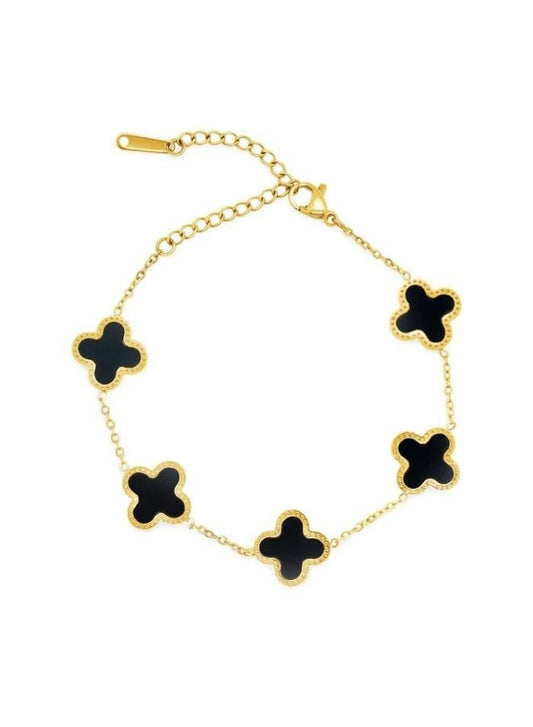 Stunning Women's Four Leaf Black Coloured Clover Set | Complete Jewelry Ensemble with Ring, Chain, and Bracelet (Double Side Pendants)