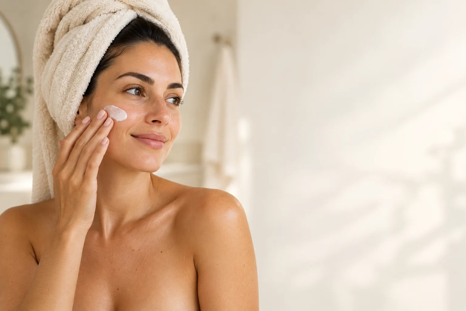 Woman applying face cream in a bright bathroom